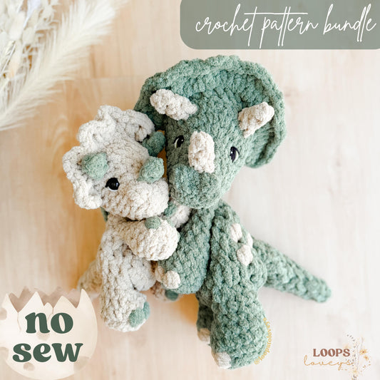 Theo & Tiny Triceratops crochet pattern bundle | NO SEW crochet pattern |