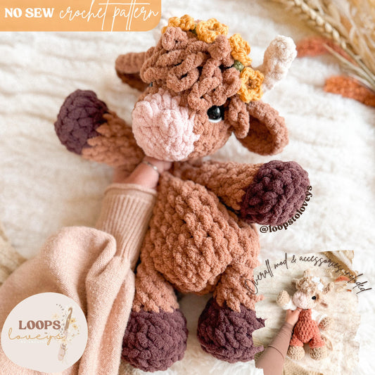 Cora Highland Cow Snuggler crochet pattern | NO SEW crochet pattern |
